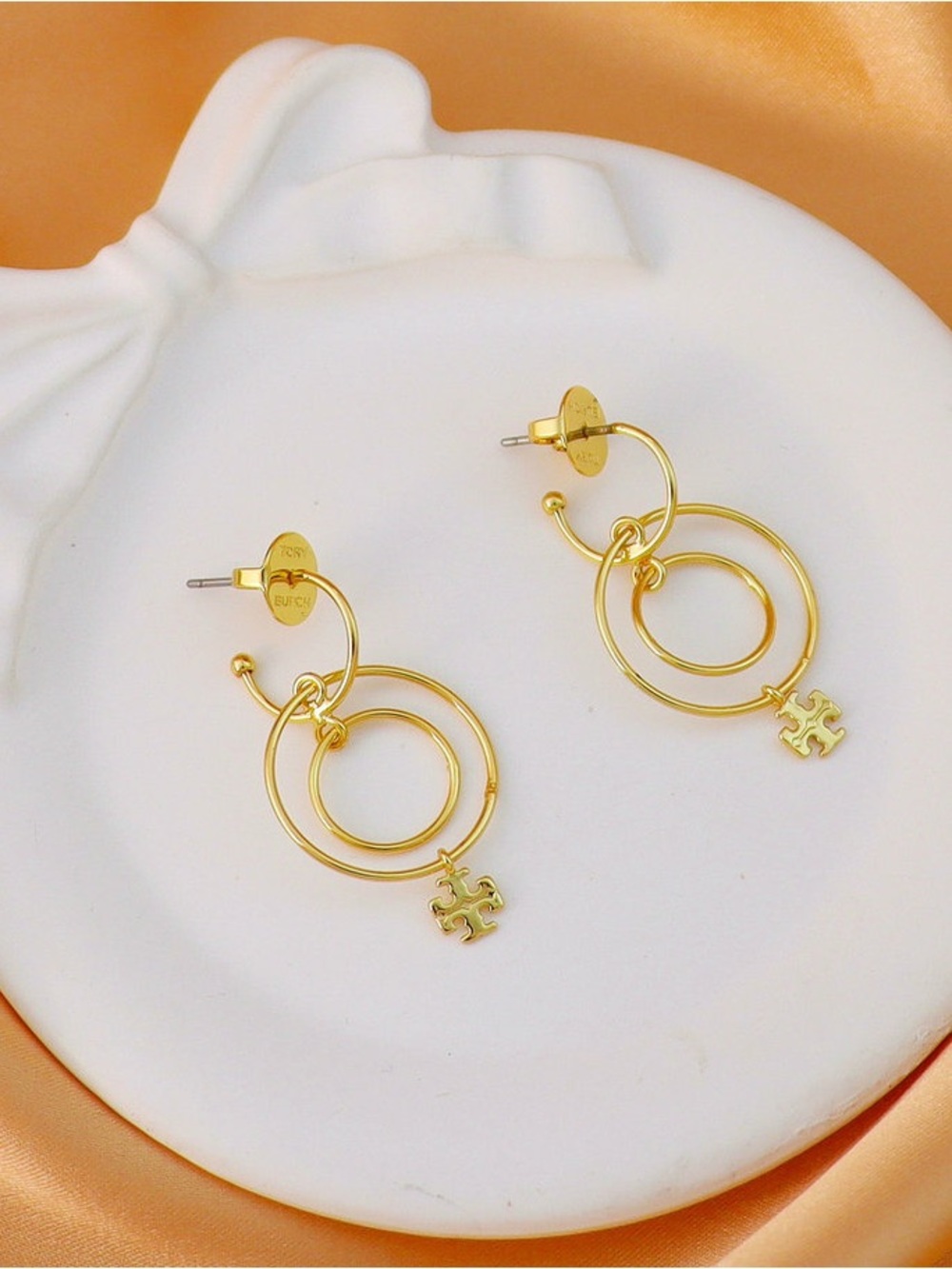 Tory Burch Gold Double Hoop Drop Earrings with Logo Charm